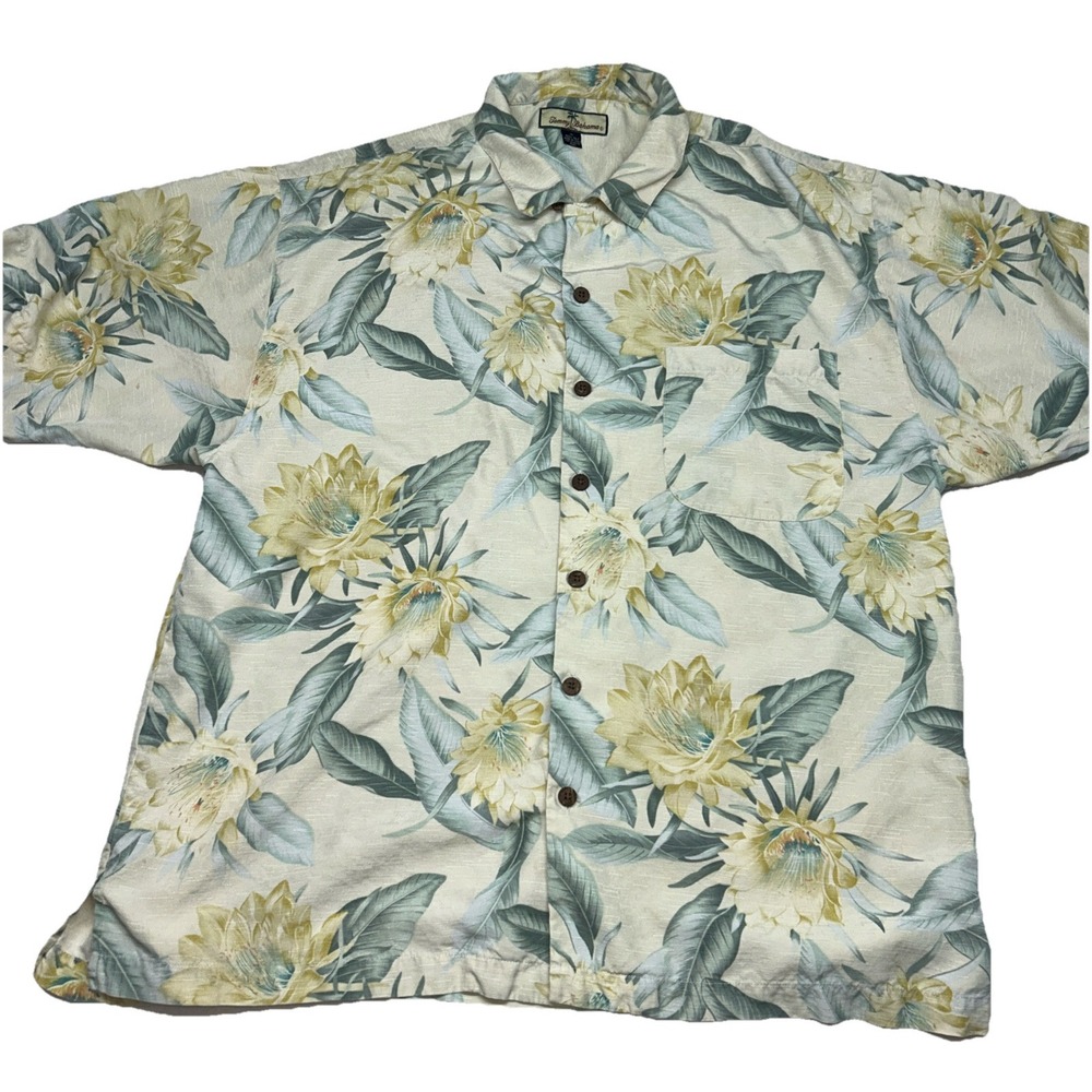 Tammy Bahama Men's 100% Silk Button Up Short Sleeve, Flower Leafy Pattern, XL‎